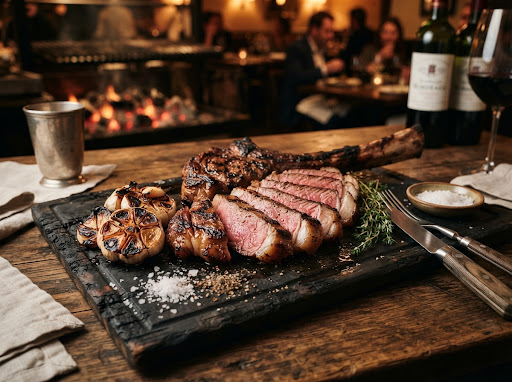 Ambiente de braseiro rústico com tábuas de corte e vinho tinto