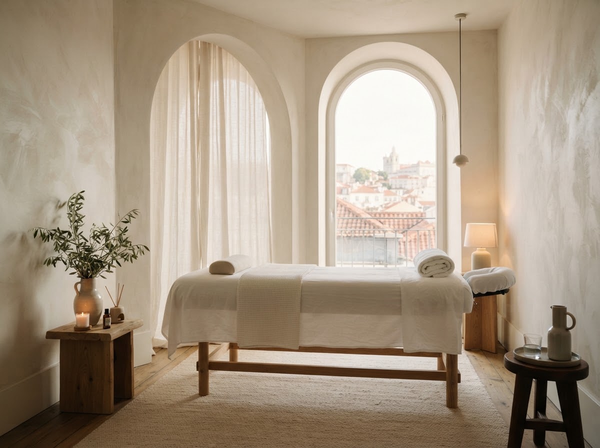 Interior sereno da marquesa de massagem no estúdio FLUIR no Chiado, Lisboa