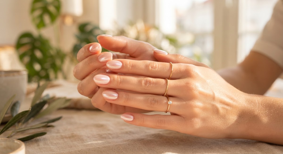 Close up aesthetic photo of blush glazed gel nails on soft skin with warm golden sunlight, shiny clean glass skin effect, delicate gold rings on slender fingers