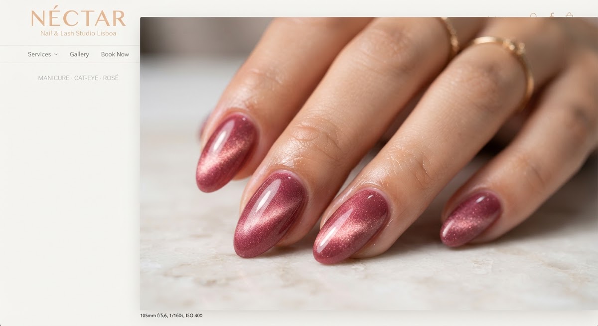 Macro beauty shot of cat eye velvet rose magnetic nail polish shifting light in deep pink rose champagne, ultra glossy manicure