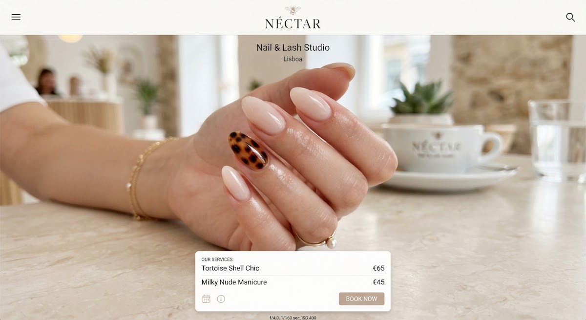 Chic tortoise shell accent nail art paired with nude milky gel, sophisticated clean manicure Lisbon aesthetic