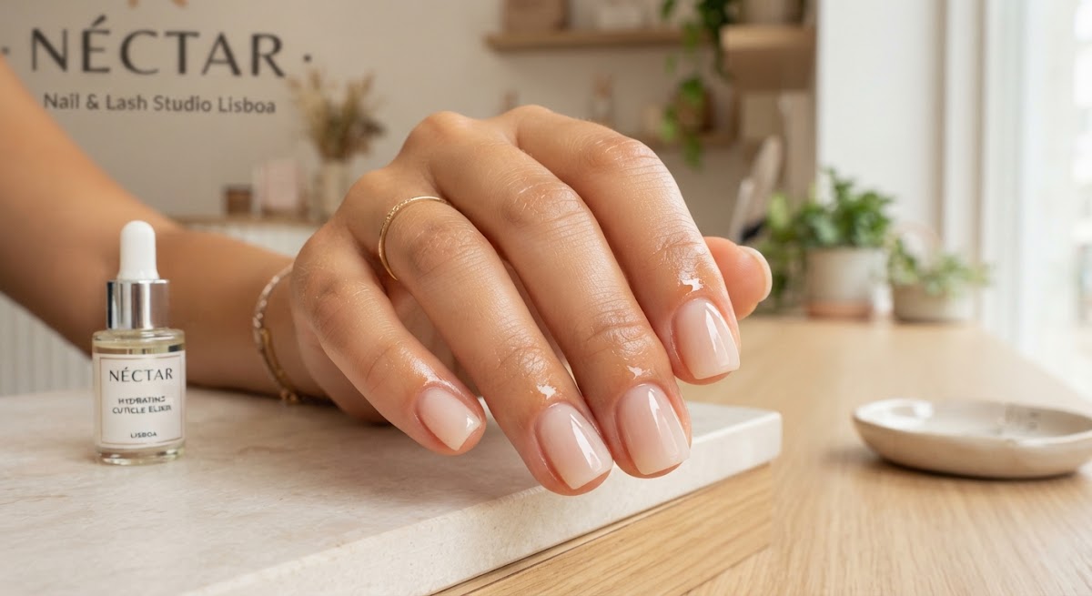 Ultra natural clean girl BIAB manicure on short squoval nails with cuticles perfectly detailed and hydrating oil reflection