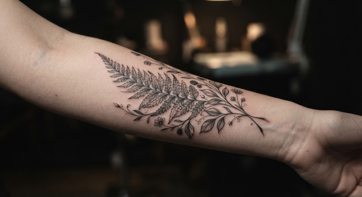 Extreme macro close-up of a botanical fineline wild floral fern tattoo on a woman's inner forearm, micro single-needle technique 1RL needle, crisp dark ink against soft skin, dramatic side lighting highlighting the ink saturation.