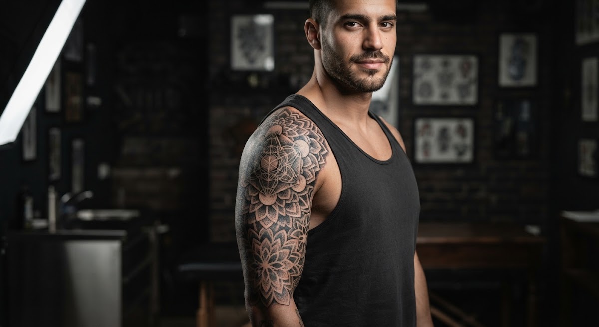 Upper arm shoulder tattoo of sacred geometry and intricate dotwork mandala sleeve on athletic man, dense saturated black ink and precise stippling gradient, professional studio portrait lighting.