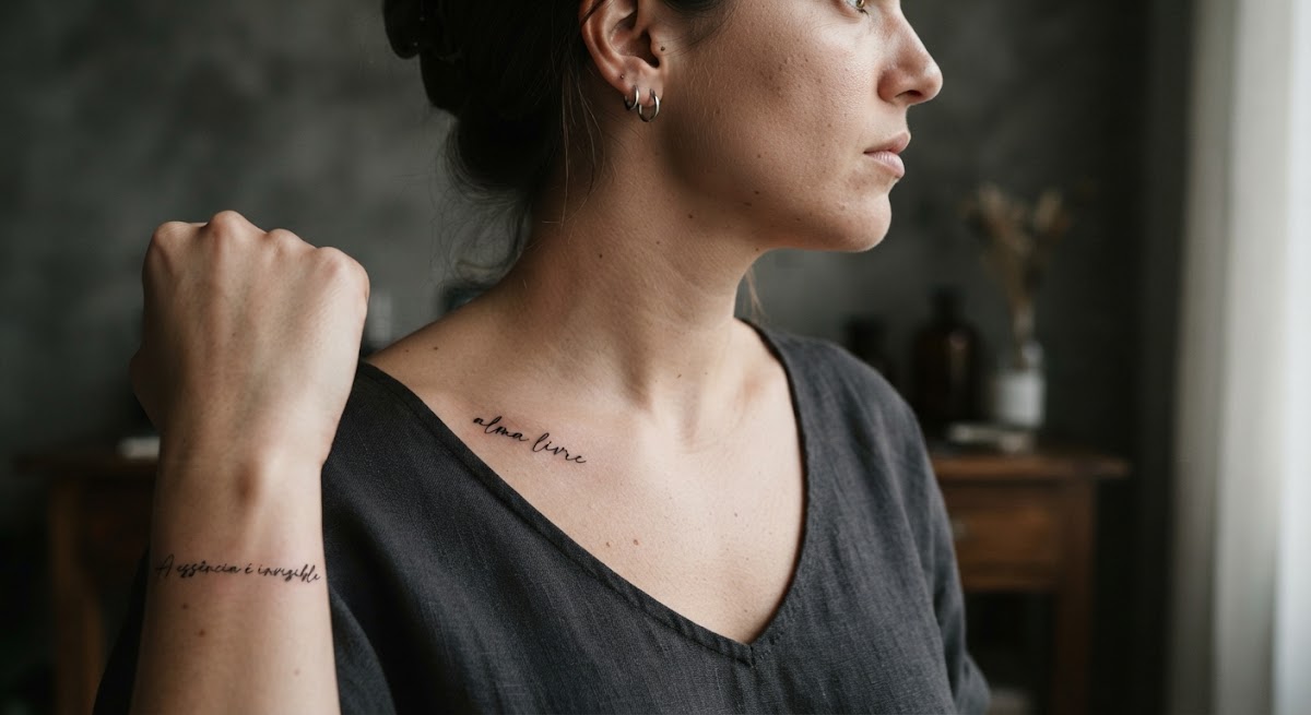 Editorial close up of minimalist fine-script lettering tattoo on inner wrist and collarbone, poetic Portuguese typography, hairline micro-needle precision, soft daylight editorial photography.