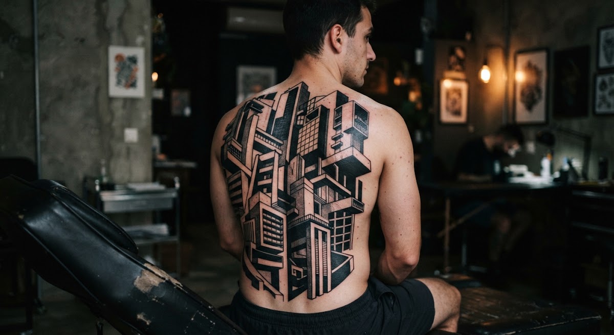 Brutalist architectural tattoo on client back with bold solid black blocks, stark line perspective inspired by modern Lisbon buildings, heavy blackwork aesthetic, sharp high contrast black and grey tones.