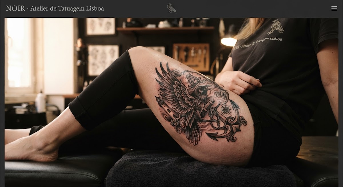 Contemporary traditional black and grey tattoo of a mythical Lisbon raven and ancient maritime elements on upper thigh, thick fluid linework, rich pepper shading, warm soft natural lighting.