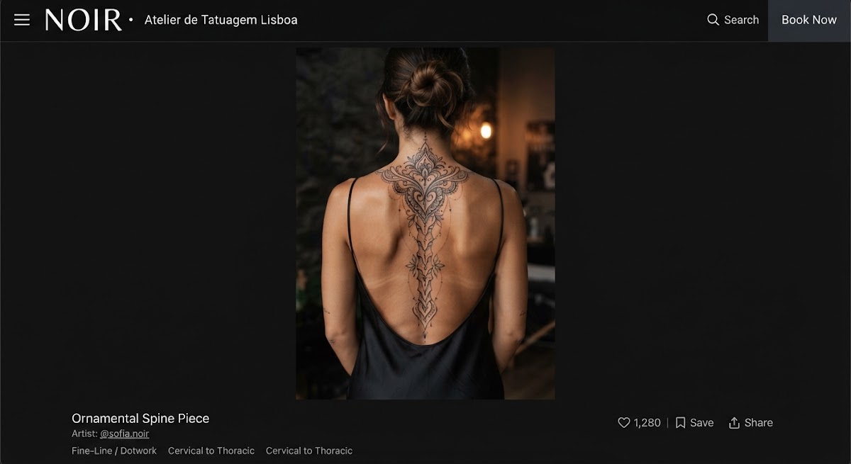 Anatomical ornamental spine tattoo extending from cervical neck down thoracic spine, delicate symmetrical lace and spine flow patterns, editorial high fashion aesthetic on tan skin.