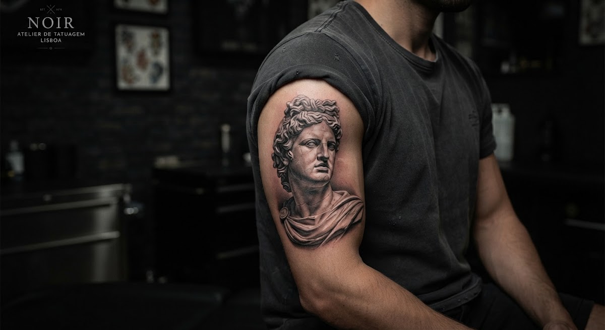 Micro realism classical sculpture tattoo of marble classical statue bust on bicep, hyper-fine smooth greywash shading, delicate highlights, cinematic dark vignette studio portrait.