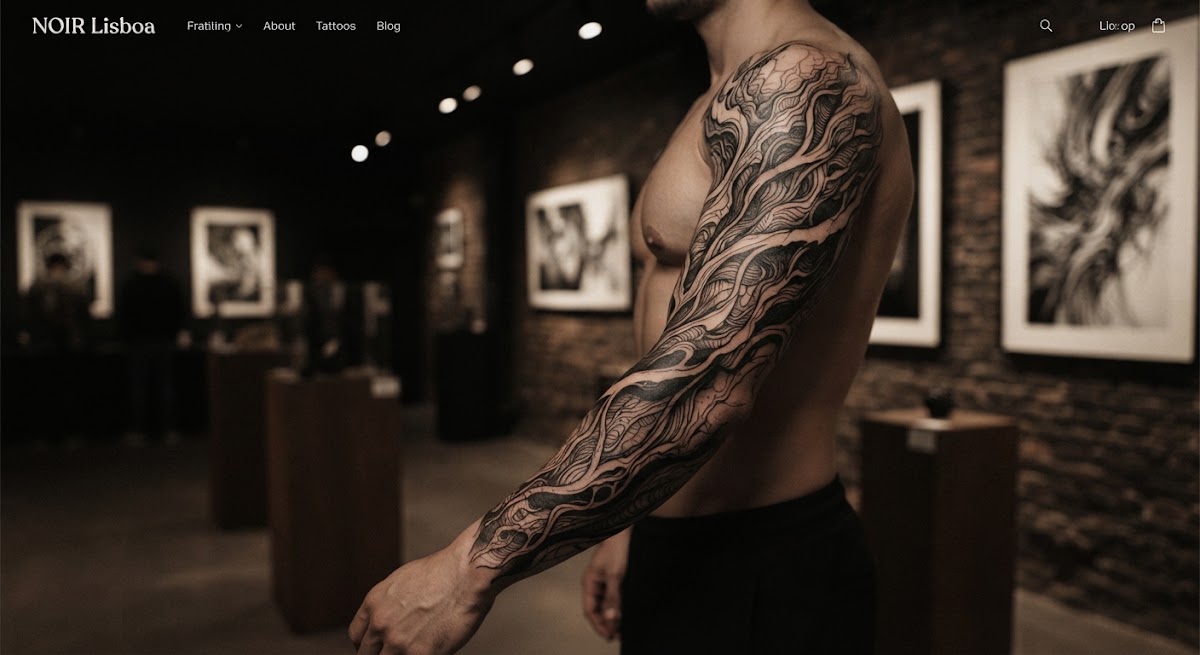 Full sleeve tattoo project on muscular arm composed of interconnected organic textures, fine line transitions, and deep blackwork negative space breaks, photographed in warm moody art gallery.